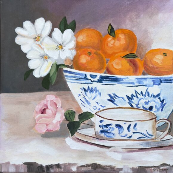 Original Wall Art Fruit and Bowl Oranges and Florals Still Life Painting